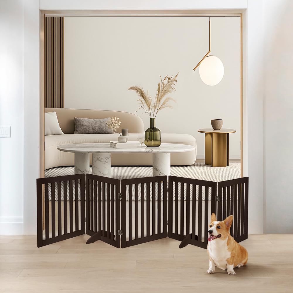 36”H Free Standing Pet Gate for Dog, Tall Wooden Dog Gate, 80” Wide | Foldable Pet Fence for Doorway, Stairs, Step, Expandable Doggy Barrier, Room Divider, Indoor Use, White