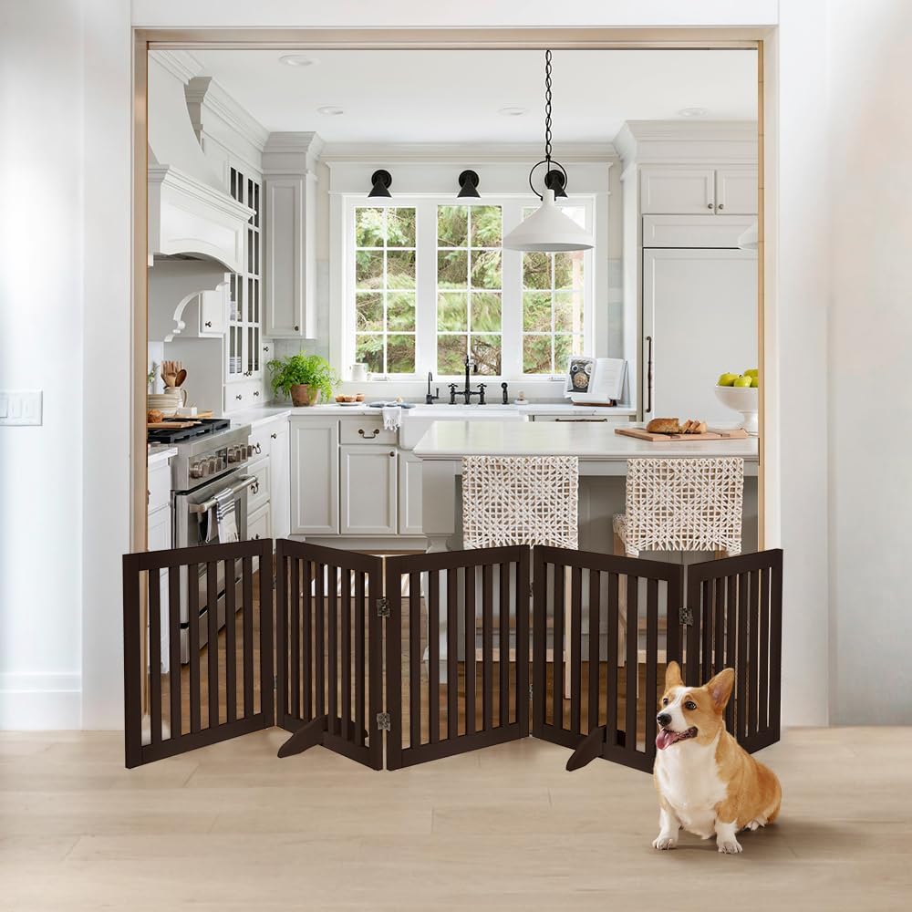 36”H Free Standing Pet Gate for Dog, Tall Wooden Dog Gate, 80” Wide | Foldable Pet Fence for Doorway, Stairs, Step, Expandable Doggy Barrier, Room Divider, Indoor Use, White