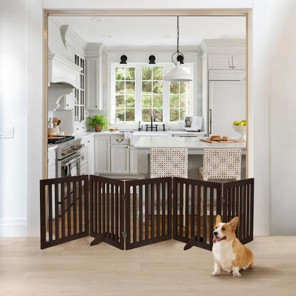 36”H Free Standing Pet Gate for Dog, Tall Wooden Dog Gate, 80” Wide | Foldable Pet Fence for Doorway, Stairs, Step, Expandable Doggy Barrier, Room Divider, Indoor Use, White