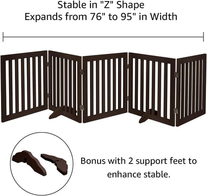 36”H Free Standing Pet Gate for Dog, Tall Wooden Dog Gate, 80” Wide | Foldable Pet Fence for Doorway, Stairs, Step, Expandable Doggy Barrier, Room Divider, Indoor Use, White