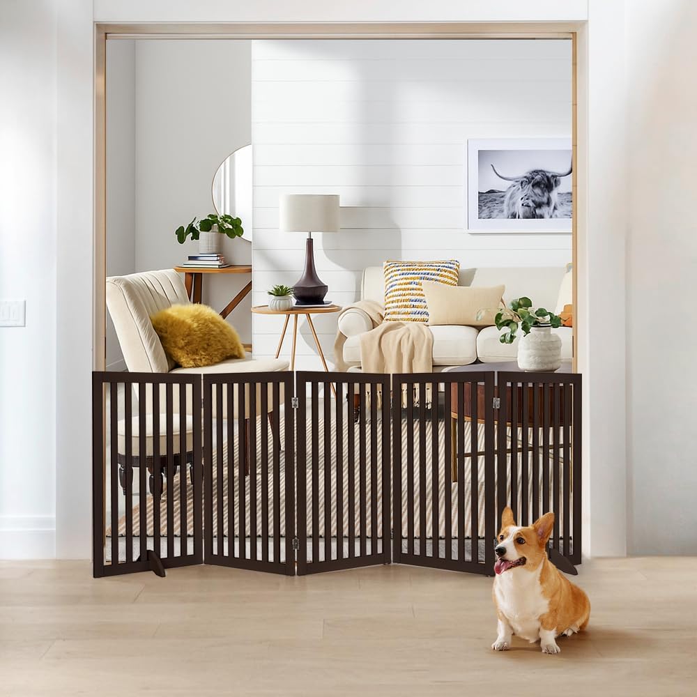 36”H Free Standing Pet Gate for Dog, Tall Wooden Dog Gate, 80” Wide | Foldable Pet Fence for Doorway, Stairs, Step, Expandable Doggy Barrier, Room Divider, Indoor Use, White
