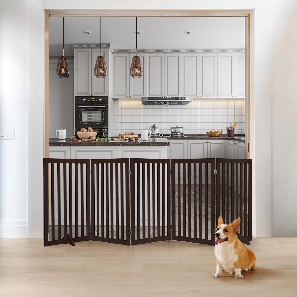 36”H Free Standing Pet Gate for Dog, Tall Wooden Dog Gate, 80” Wide | Foldable Pet Fence for Doorway, Stairs, Step, Expandable Doggy Barrier, Room Divider, Indoor Use, White