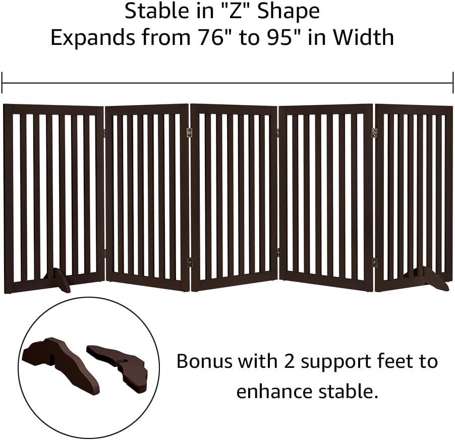 36”H Free Standing Pet Gate for Dog, Tall Wooden Dog Gate, 80” Wide | Foldable Pet Fence for Doorway, Stairs, Step, Expandable Doggy Barrier, Room Divider, Indoor Use, White