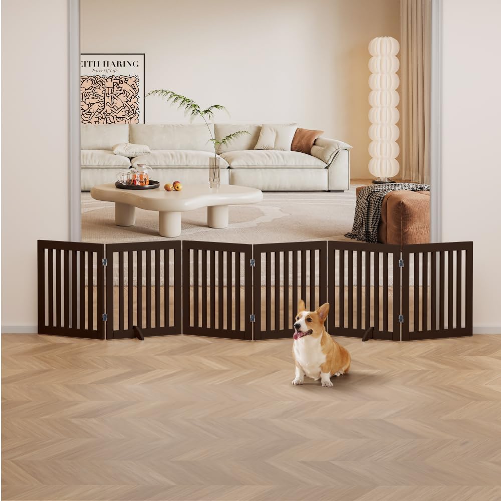 36”H Free Standing Pet Gate for Dog, Tall Wooden Dog Gate, 80” Wide | Foldable Pet Fence for Doorway, Stairs, Step, Expandable Doggy Barrier, Room Divider, Indoor Use, White