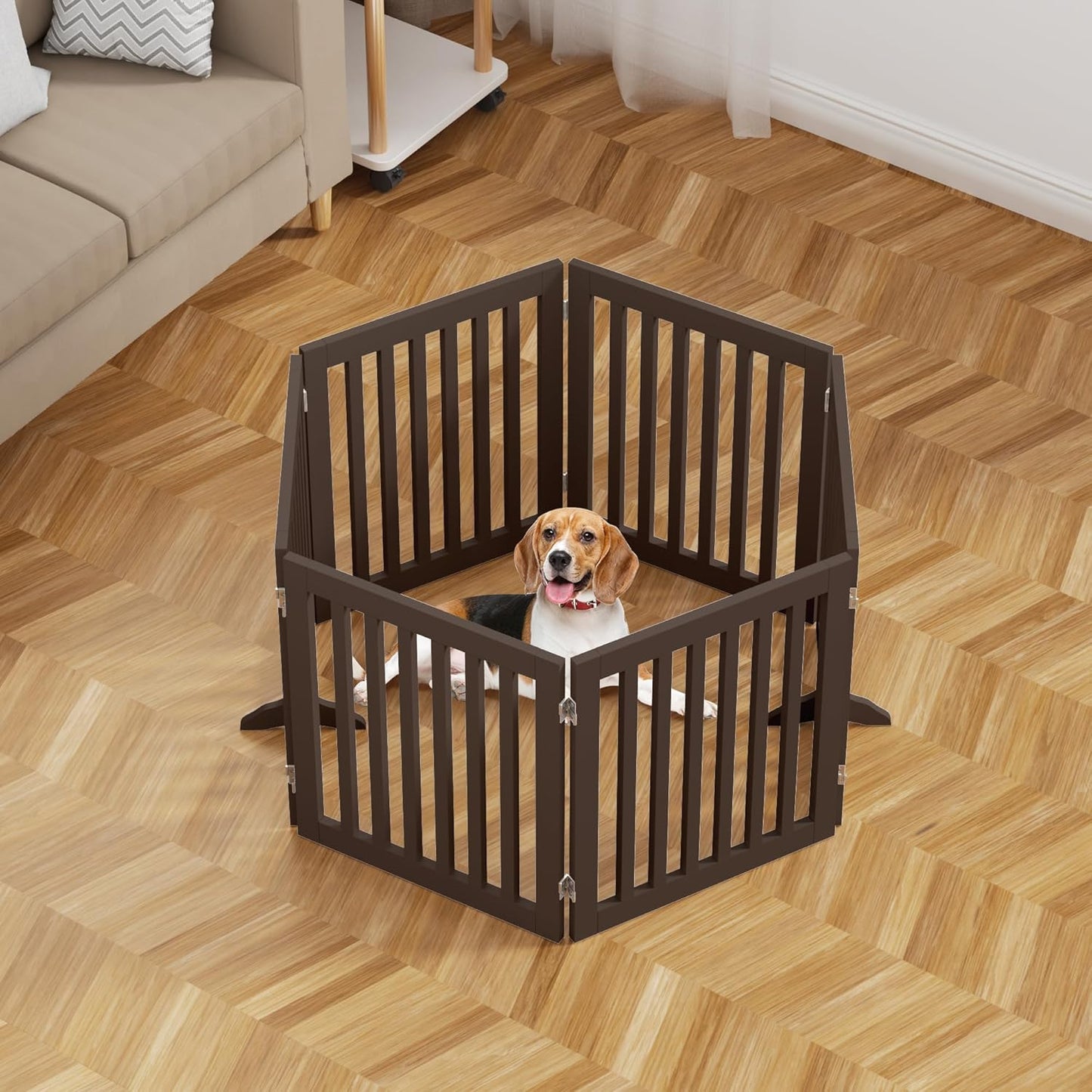 36”H Free Standing Pet Gate for Dog, Tall Wooden Dog Gate, 80” Wide | Foldable Pet Fence for Doorway, Stairs, Step, Expandable Doggy Barrier, Room Divider, Indoor Use, White