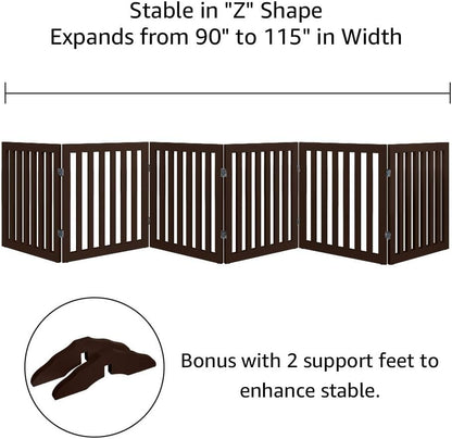 36”H Free Standing Pet Gate for Dog, Tall Wooden Dog Gate, 80” Wide | Foldable Pet Fence for Doorway, Stairs, Step, Expandable Doggy Barrier, Room Divider, Indoor Use, White