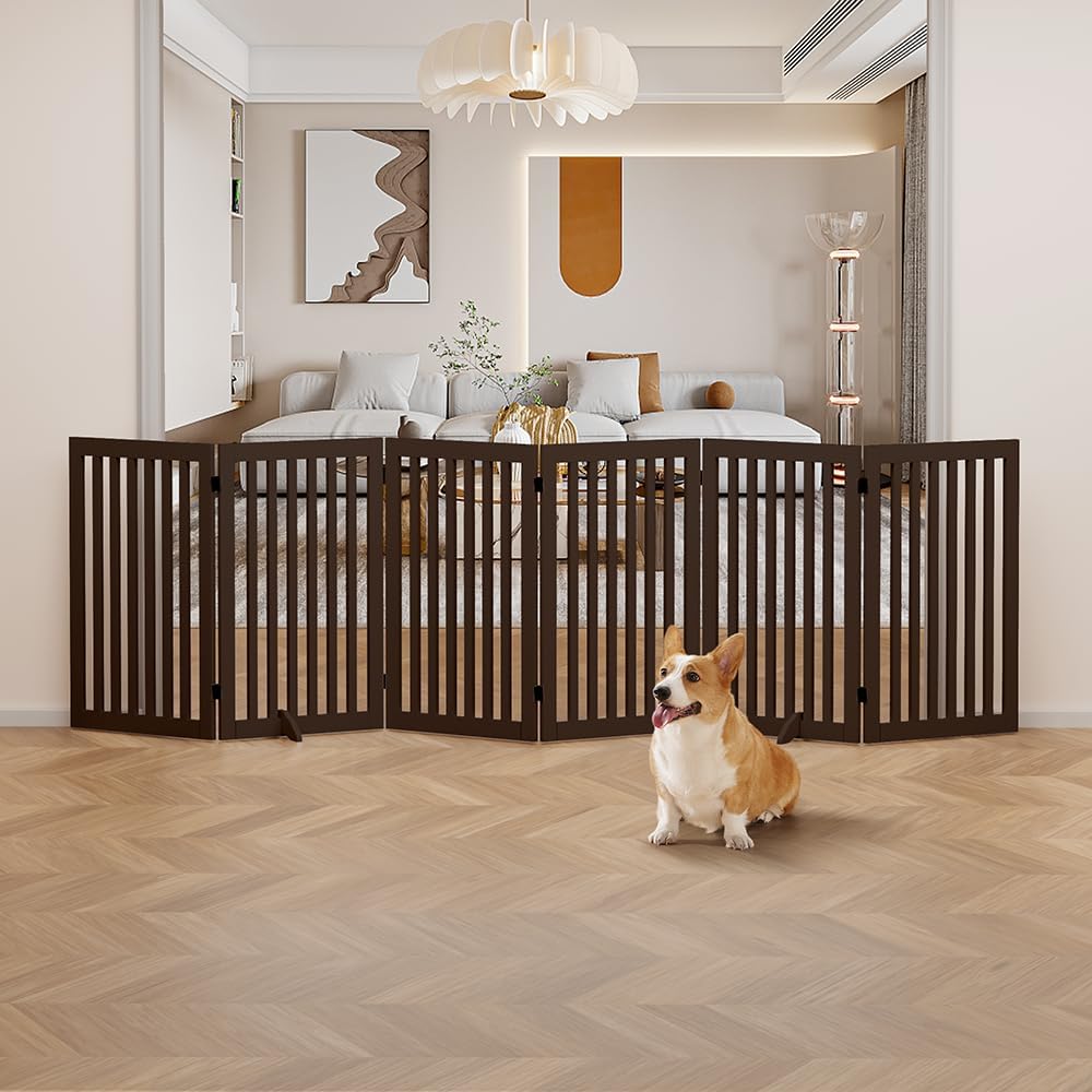 36”H Free Standing Pet Gate for Dog, Tall Wooden Dog Gate, 80” Wide | Foldable Pet Fence for Doorway, Stairs, Step, Expandable Doggy Barrier, Room Divider, Indoor Use, White