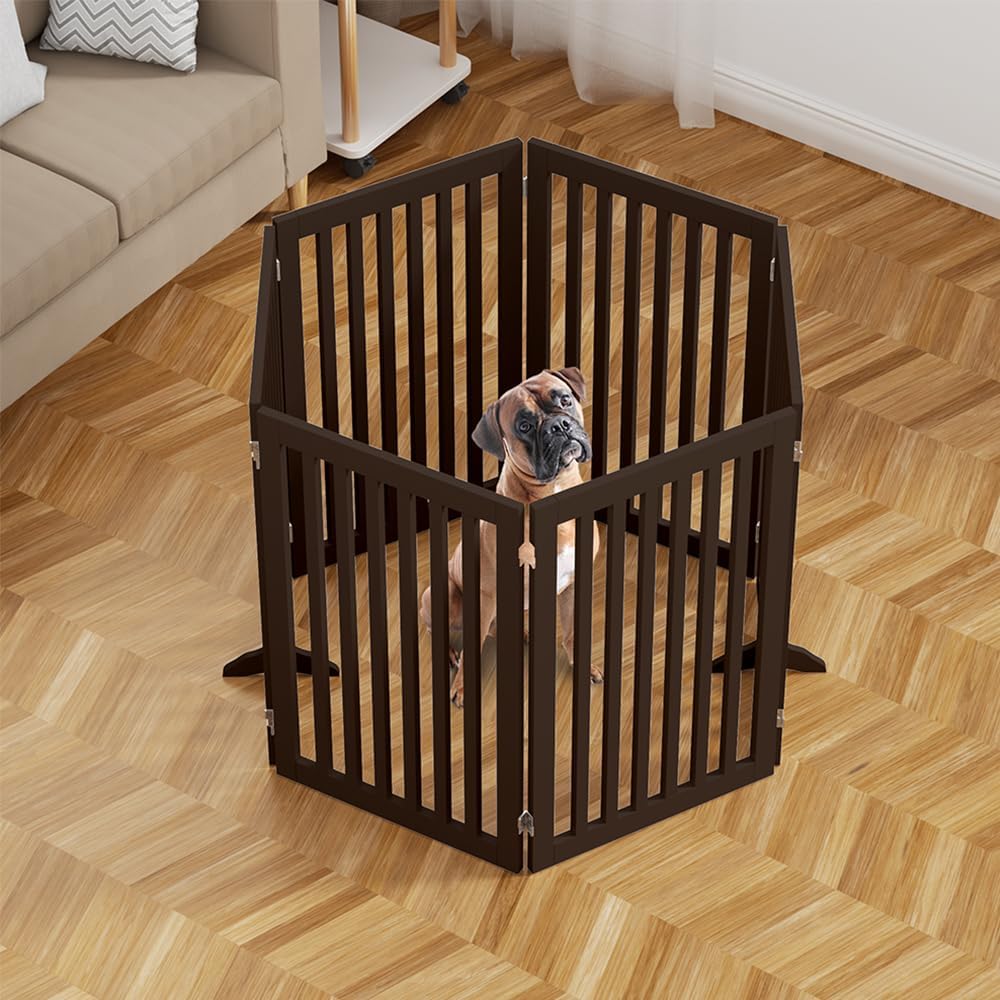 36”H Free Standing Pet Gate for Dog, Tall Wooden Dog Gate, 80” Wide | Foldable Pet Fence for Doorway, Stairs, Step, Expandable Doggy Barrier, Room Divider, Indoor Use, White
