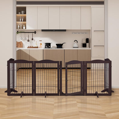36”H Free Standing Pet Gate for Dog, Tall Wooden Dog Gate, 80” Wide | Foldable Pet Fence for Doorway, Stairs, Step, Expandable Doggy Barrier, Room Divider, Indoor Use, White