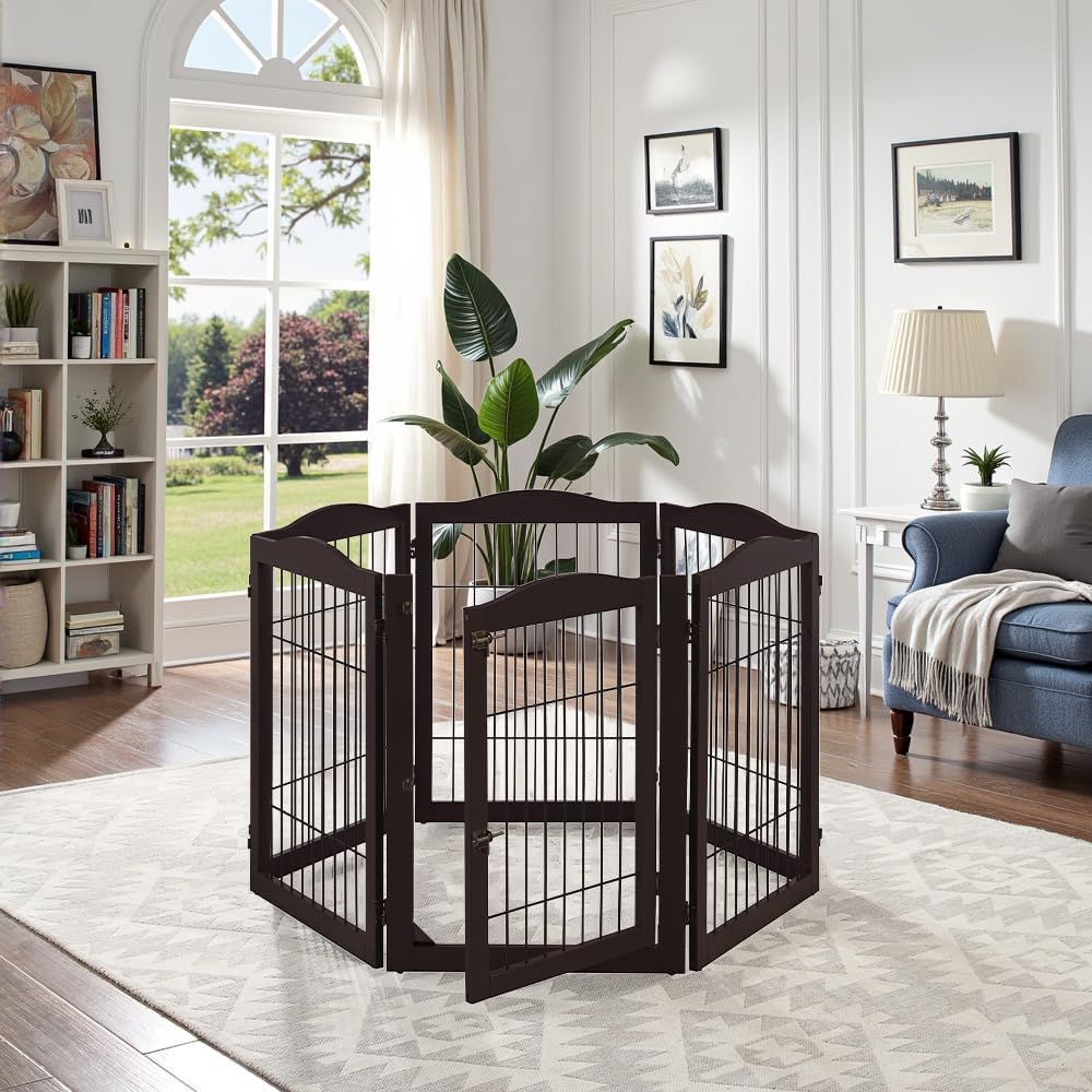 36”H Free Standing Pet Gate for Dog, Tall Wooden Dog Gate, 80” Wide | Foldable Pet Fence for Doorway, Stairs, Step, Expandable Doggy Barrier, Room Divider, Indoor Use, White