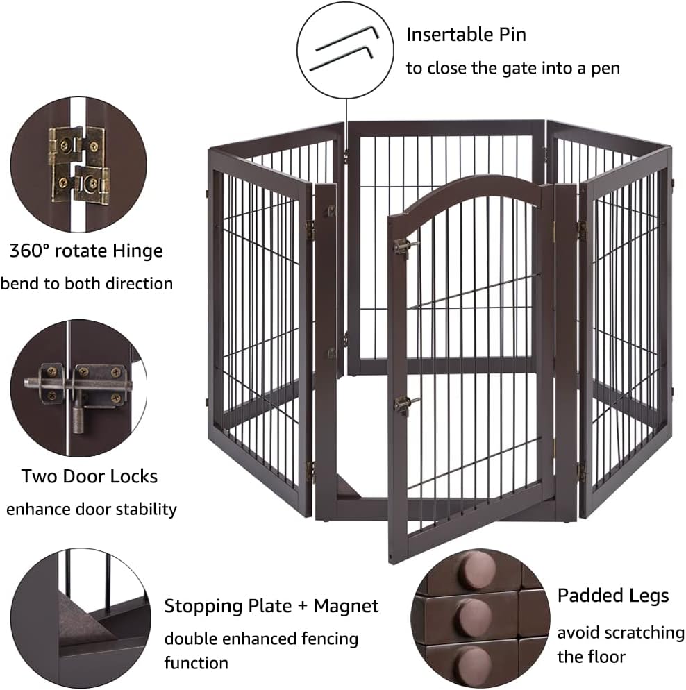 36”H Free Standing Pet Gate for Dog, Tall Wooden Dog Gate, 80” Wide | Foldable Pet Fence for Doorway, Stairs, Step, Expandable Doggy Barrier, Room Divider, Indoor Use, White