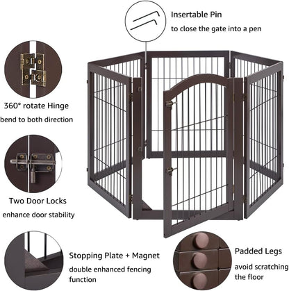 36”H Free Standing Pet Gate for Dog, Tall Wooden Dog Gate, 80” Wide | Foldable Pet Fence for Doorway, Stairs, Step, Expandable Doggy Barrier, Room Divider, Indoor Use, White