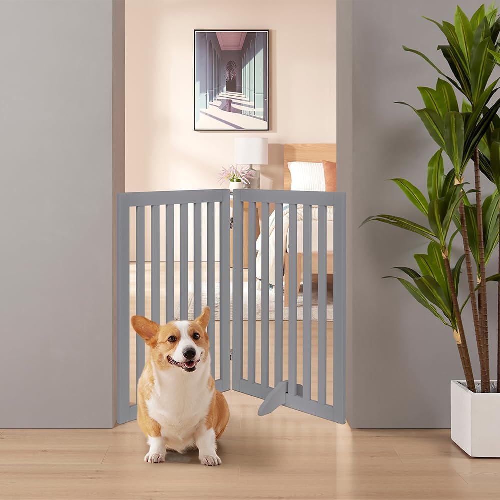 36”H Free Standing Pet Gate for Dog, Tall Wooden Dog Gate, 80” Wide | Foldable Pet Fence for Doorway, Stairs, Step, Expandable Doggy Barrier, Room Divider, Indoor Use, White