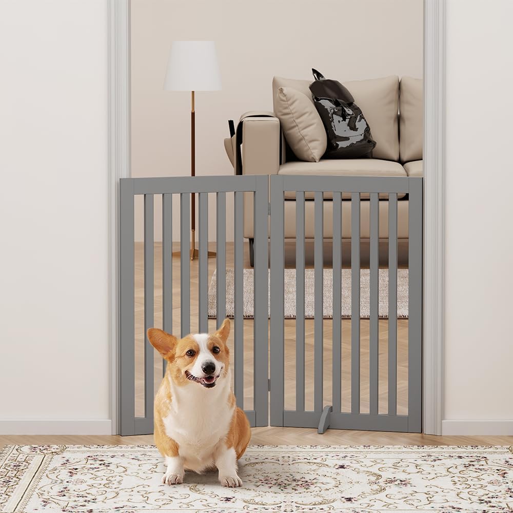 36”H Free Standing Pet Gate for Dog, Tall Wooden Dog Gate, 80” Wide | Foldable Pet Fence for Doorway, Stairs, Step, Expandable Doggy Barrier, Room Divider, Indoor Use, White