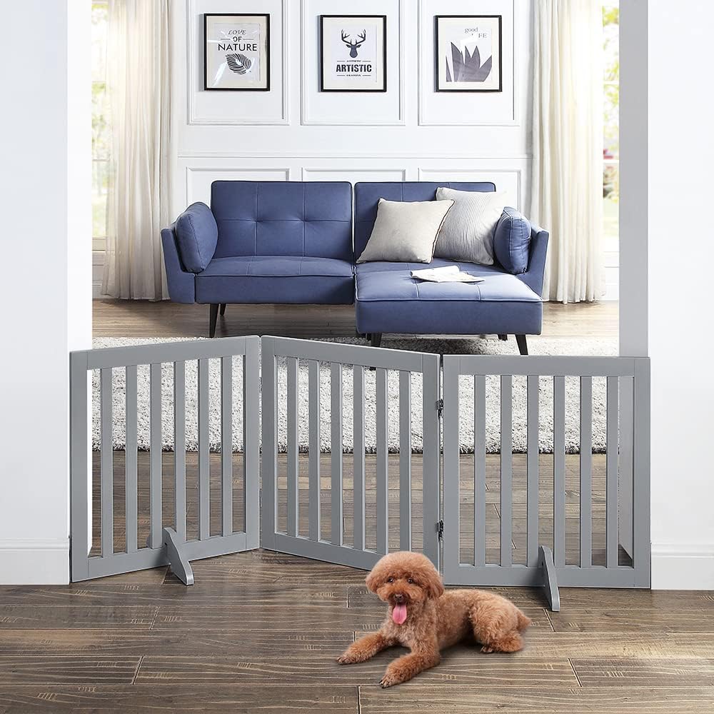 36”H Free Standing Pet Gate for Dog, Tall Wooden Dog Gate, 80” Wide | Foldable Pet Fence for Doorway, Stairs, Step, Expandable Doggy Barrier, Room Divider, Indoor Use, White