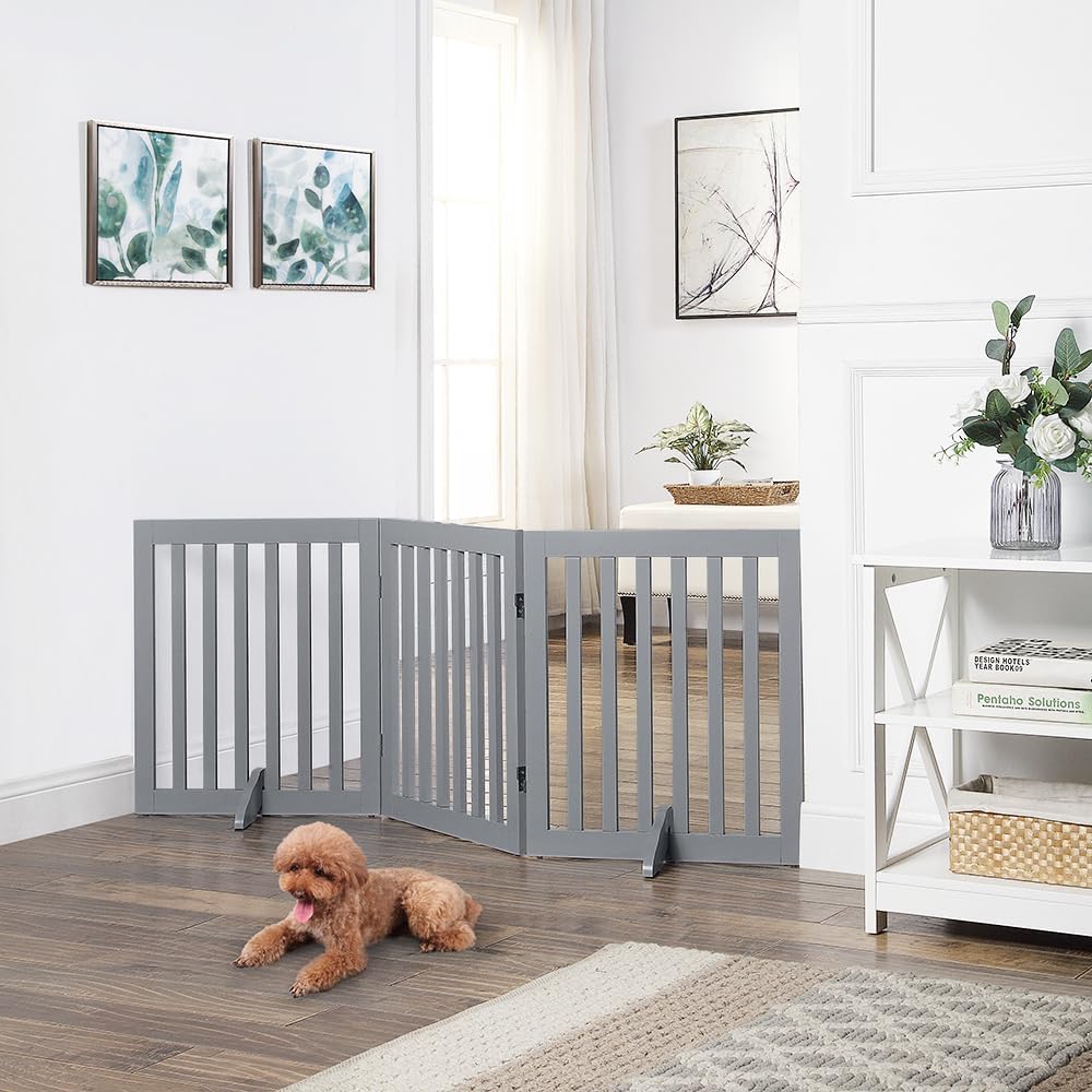 36”H Free Standing Pet Gate for Dog, Tall Wooden Dog Gate, 80” Wide | Foldable Pet Fence for Doorway, Stairs, Step, Expandable Doggy Barrier, Room Divider, Indoor Use, White