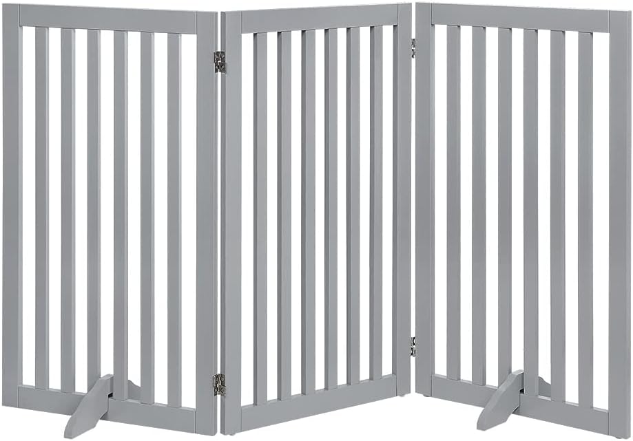 36”H Free Standing Pet Gate for Dog, Tall Wooden Dog Gate, 80” Wide | Foldable Pet Fence for Doorway, Stairs, Step, Expandable Doggy Barrier, Room Divider, Indoor Use, White