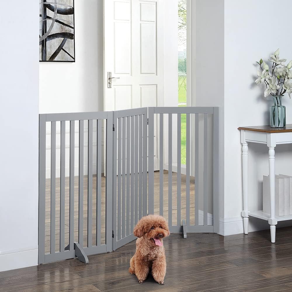 36”H Free Standing Pet Gate for Dog, Tall Wooden Dog Gate, 80” Wide | Foldable Pet Fence for Doorway, Stairs, Step, Expandable Doggy Barrier, Room Divider, Indoor Use, White