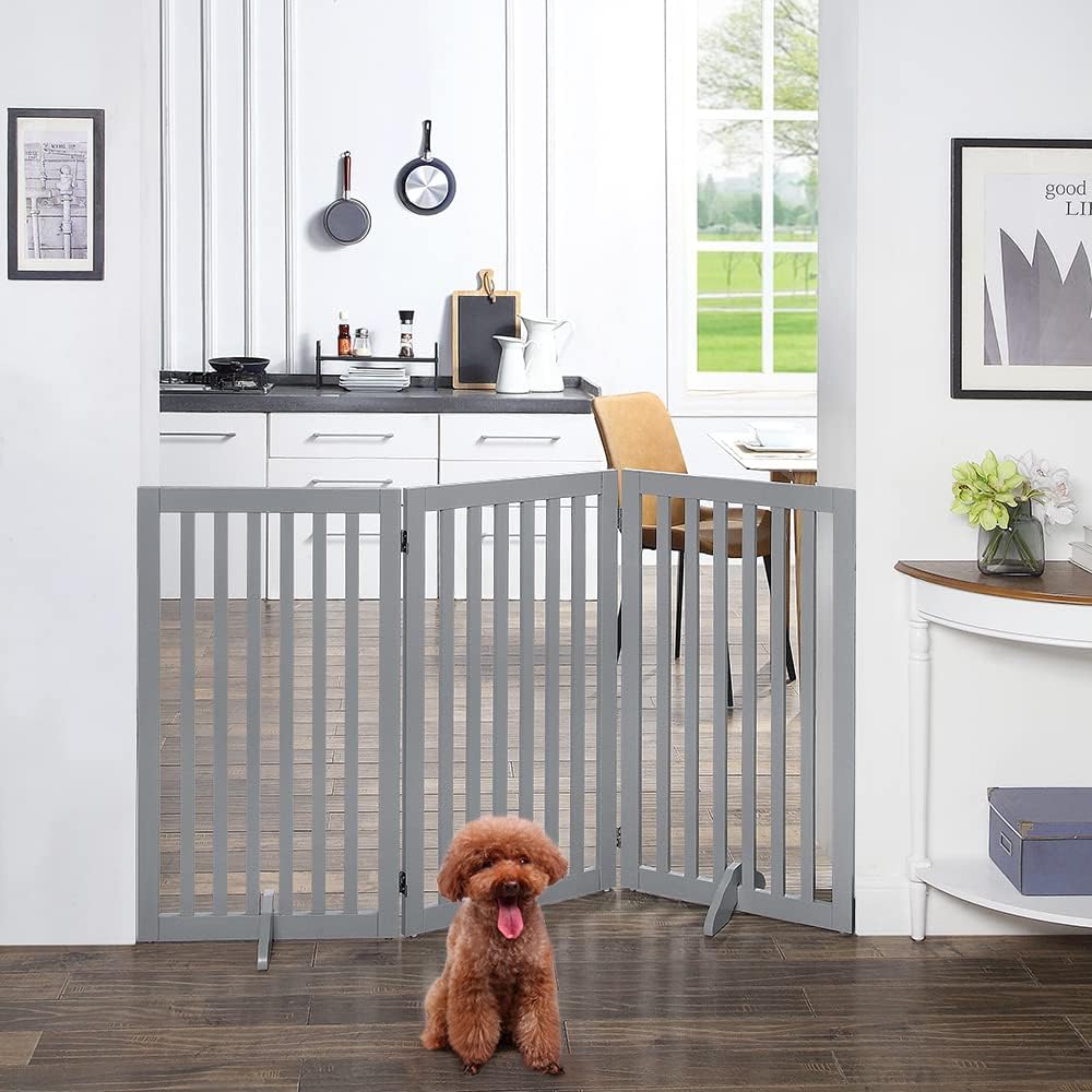 36”H Free Standing Pet Gate for Dog, Tall Wooden Dog Gate, 80” Wide | Foldable Pet Fence for Doorway, Stairs, Step, Expandable Doggy Barrier, Room Divider, Indoor Use, White