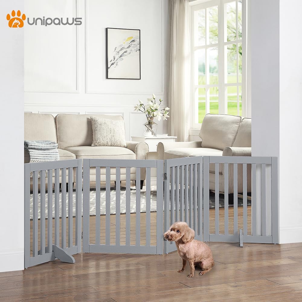 36”H Free Standing Pet Gate for Dog, Tall Wooden Dog Gate, 80” Wide | Foldable Pet Fence for Doorway, Stairs, Step, Expandable Doggy Barrier, Room Divider, Indoor Use, White