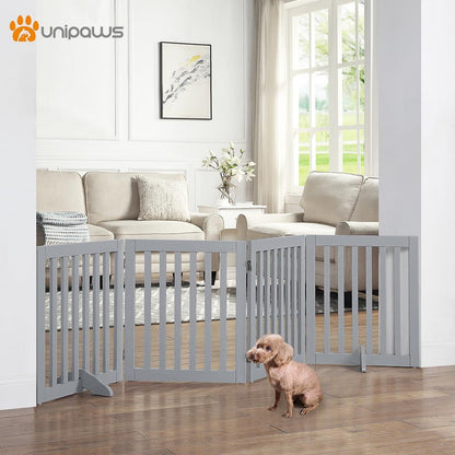 36”H Free Standing Pet Gate for Dog, Tall Wooden Dog Gate, 80” Wide | Foldable Pet Fence for Doorway, Stairs, Step, Expandable Doggy Barrier, Room Divider, Indoor Use, White