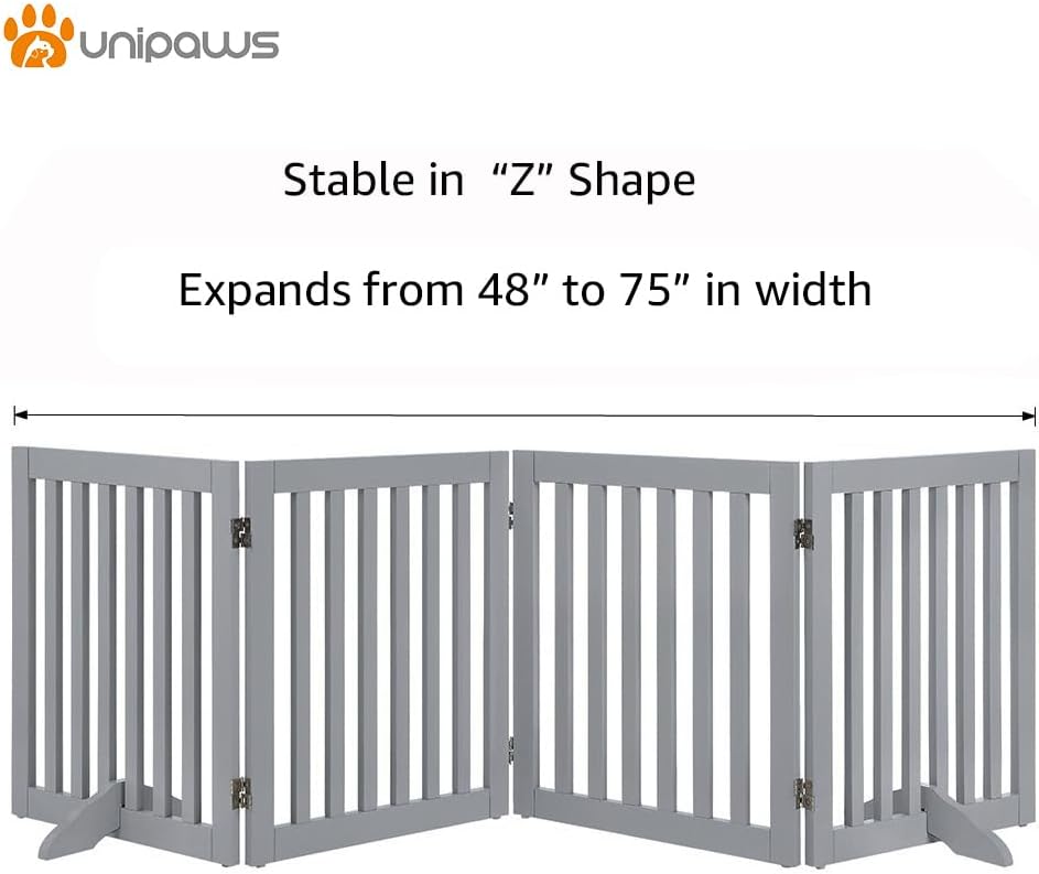36”H Free Standing Pet Gate for Dog, Tall Wooden Dog Gate, 80” Wide | Foldable Pet Fence for Doorway, Stairs, Step, Expandable Doggy Barrier, Room Divider, Indoor Use, White