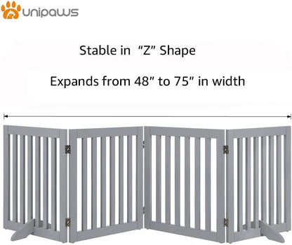 36”H Free Standing Pet Gate for Dog, Tall Wooden Dog Gate, 80” Wide | Foldable Pet Fence for Doorway, Stairs, Step, Expandable Doggy Barrier, Room Divider, Indoor Use, White