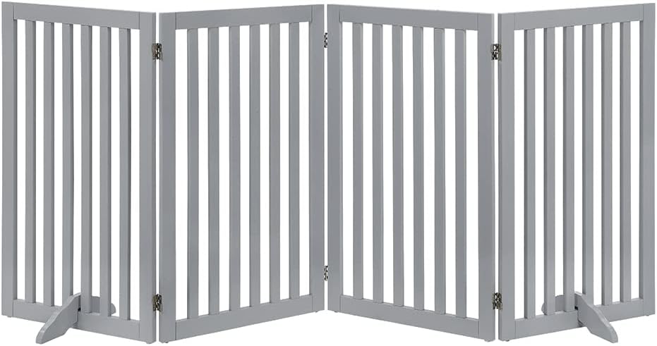 36”H Free Standing Pet Gate for Dog, Tall Wooden Dog Gate, 80” Wide | Foldable Pet Fence for Doorway, Stairs, Step, Expandable Doggy Barrier, Room Divider, Indoor Use, White