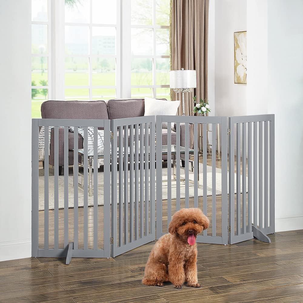 36”H Free Standing Pet Gate for Dog, Tall Wooden Dog Gate, 80” Wide | Foldable Pet Fence for Doorway, Stairs, Step, Expandable Doggy Barrier, Room Divider, Indoor Use, White