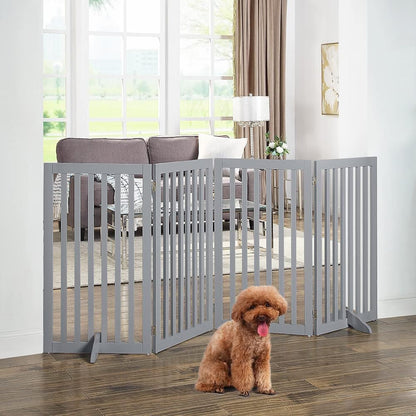 36”H Free Standing Pet Gate for Dog, Tall Wooden Dog Gate, 80” Wide | Foldable Pet Fence for Doorway, Stairs, Step, Expandable Doggy Barrier, Room Divider, Indoor Use, White