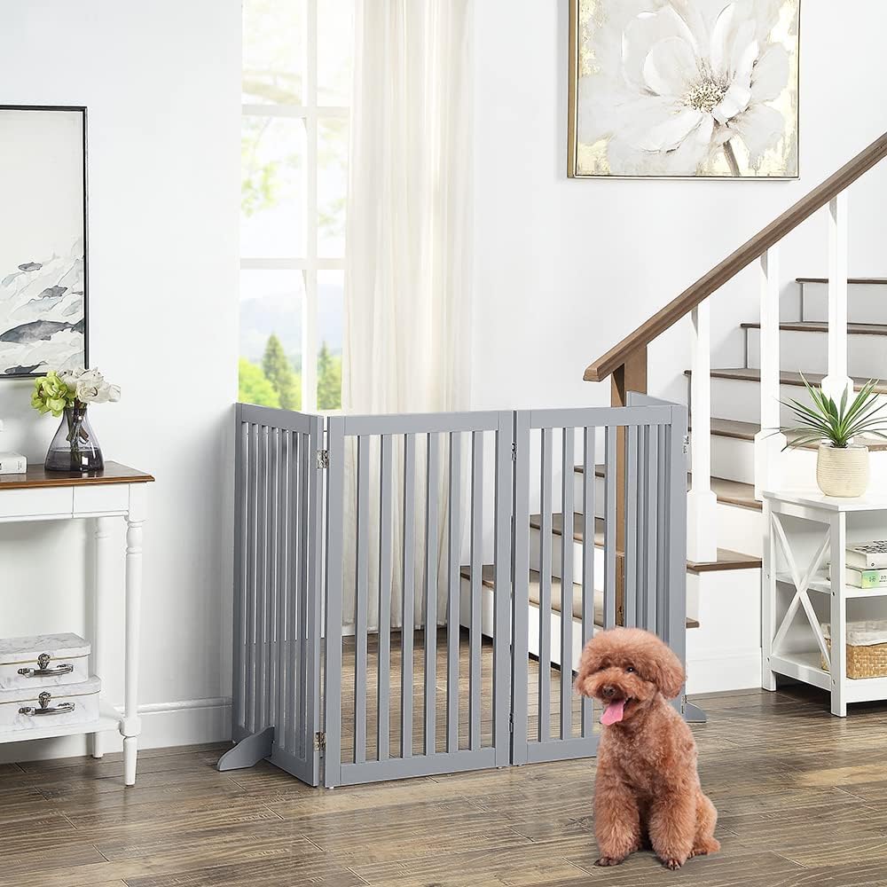 36”H Free Standing Pet Gate for Dog, Tall Wooden Dog Gate, 80” Wide | Foldable Pet Fence for Doorway, Stairs, Step, Expandable Doggy Barrier, Room Divider, Indoor Use, White