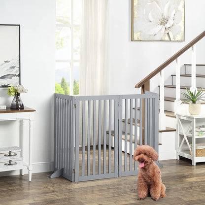 36”H Free Standing Pet Gate for Dog, Tall Wooden Dog Gate, 80” Wide | Foldable Pet Fence for Doorway, Stairs, Step, Expandable Doggy Barrier, Room Divider, Indoor Use, White