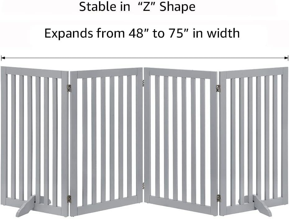 36”H Free Standing Pet Gate for Dog, Tall Wooden Dog Gate, 80” Wide | Foldable Pet Fence for Doorway, Stairs, Step, Expandable Doggy Barrier, Room Divider, Indoor Use, White