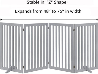 36”H Free Standing Pet Gate for Dog, Tall Wooden Dog Gate, 80” Wide | Foldable Pet Fence for Doorway, Stairs, Step, Expandable Doggy Barrier, Room Divider, Indoor Use, White
