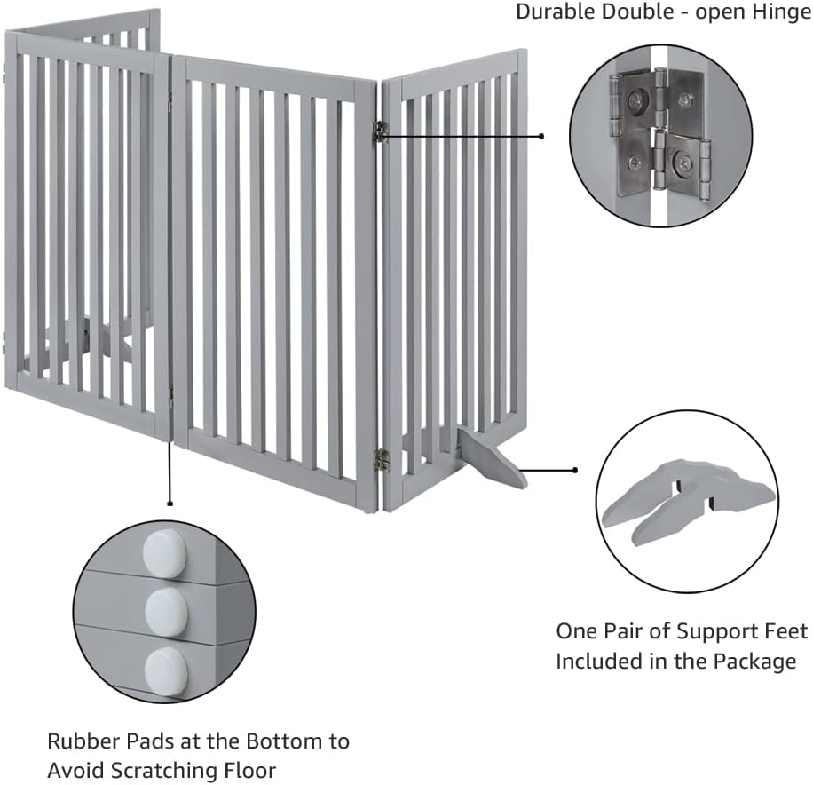 36”H Free Standing Pet Gate for Dog, Tall Wooden Dog Gate, 80” Wide | Foldable Pet Fence for Doorway, Stairs, Step, Expandable Doggy Barrier, Room Divider, Indoor Use, White