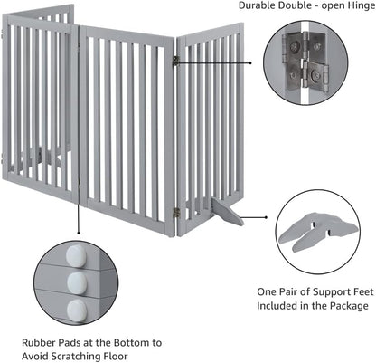 36”H Free Standing Pet Gate for Dog, Tall Wooden Dog Gate, 80” Wide | Foldable Pet Fence for Doorway, Stairs, Step, Expandable Doggy Barrier, Room Divider, Indoor Use, White