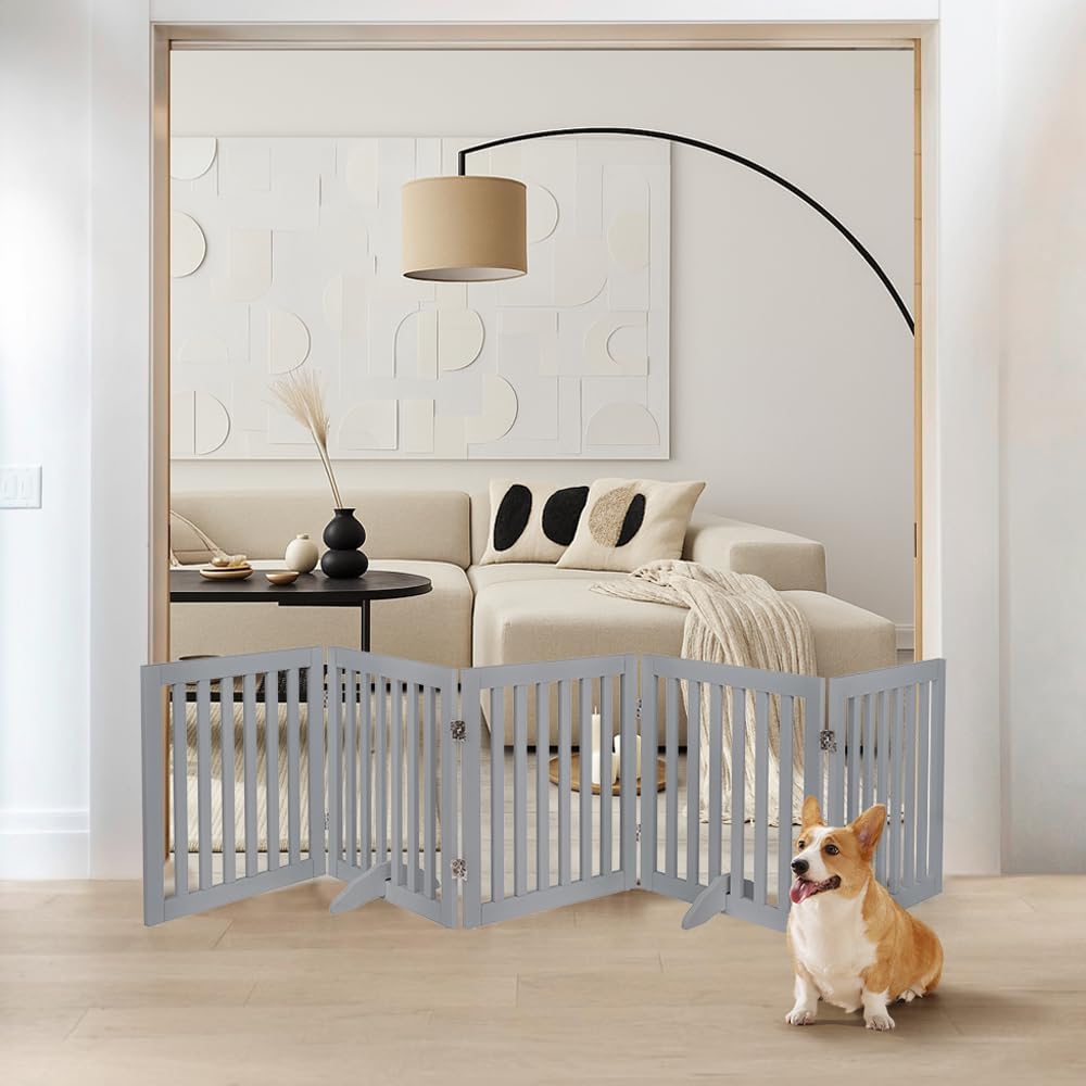36”H Free Standing Pet Gate for Dog, Tall Wooden Dog Gate, 80” Wide | Foldable Pet Fence for Doorway, Stairs, Step, Expandable Doggy Barrier, Room Divider, Indoor Use, White