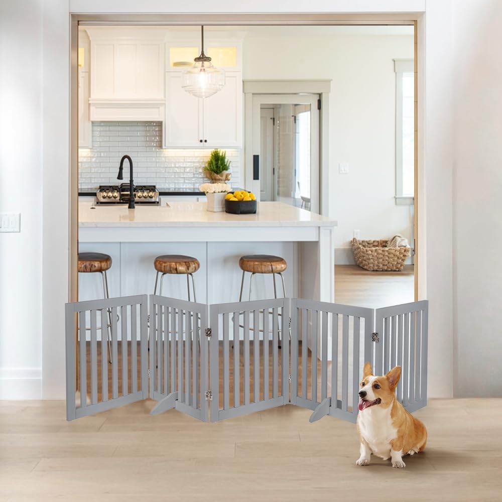 36”H Free Standing Pet Gate for Dog, Tall Wooden Dog Gate, 80” Wide | Foldable Pet Fence for Doorway, Stairs, Step, Expandable Doggy Barrier, Room Divider, Indoor Use, White