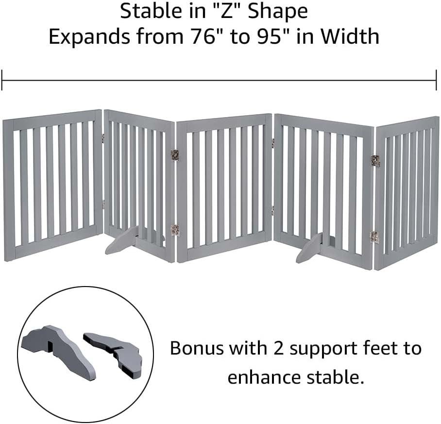 36”H Free Standing Pet Gate for Dog, Tall Wooden Dog Gate, 80” Wide | Foldable Pet Fence for Doorway, Stairs, Step, Expandable Doggy Barrier, Room Divider, Indoor Use, White