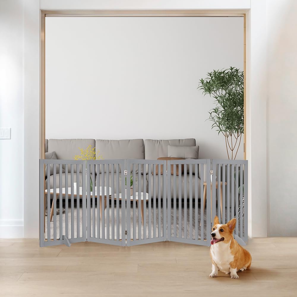 36”H Free Standing Pet Gate for Dog, Tall Wooden Dog Gate, 80” Wide | Foldable Pet Fence for Doorway, Stairs, Step, Expandable Doggy Barrier, Room Divider, Indoor Use, White