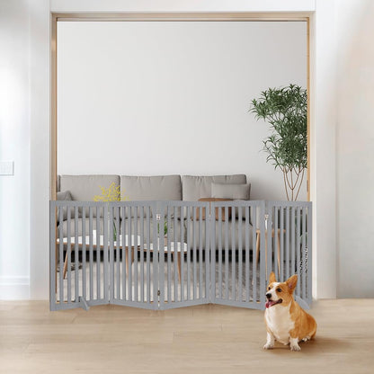 36”H Free Standing Pet Gate for Dog, Tall Wooden Dog Gate, 80” Wide | Foldable Pet Fence for Doorway, Stairs, Step, Expandable Doggy Barrier, Room Divider, Indoor Use, White