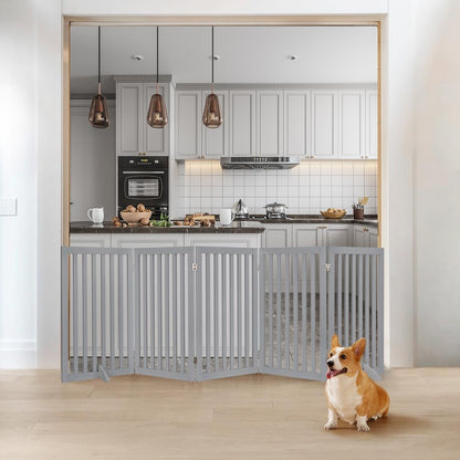 36”H Free Standing Pet Gate for Dog, Tall Wooden Dog Gate, 80” Wide | Foldable Pet Fence for Doorway, Stairs, Step, Expandable Doggy Barrier, Room Divider, Indoor Use, White