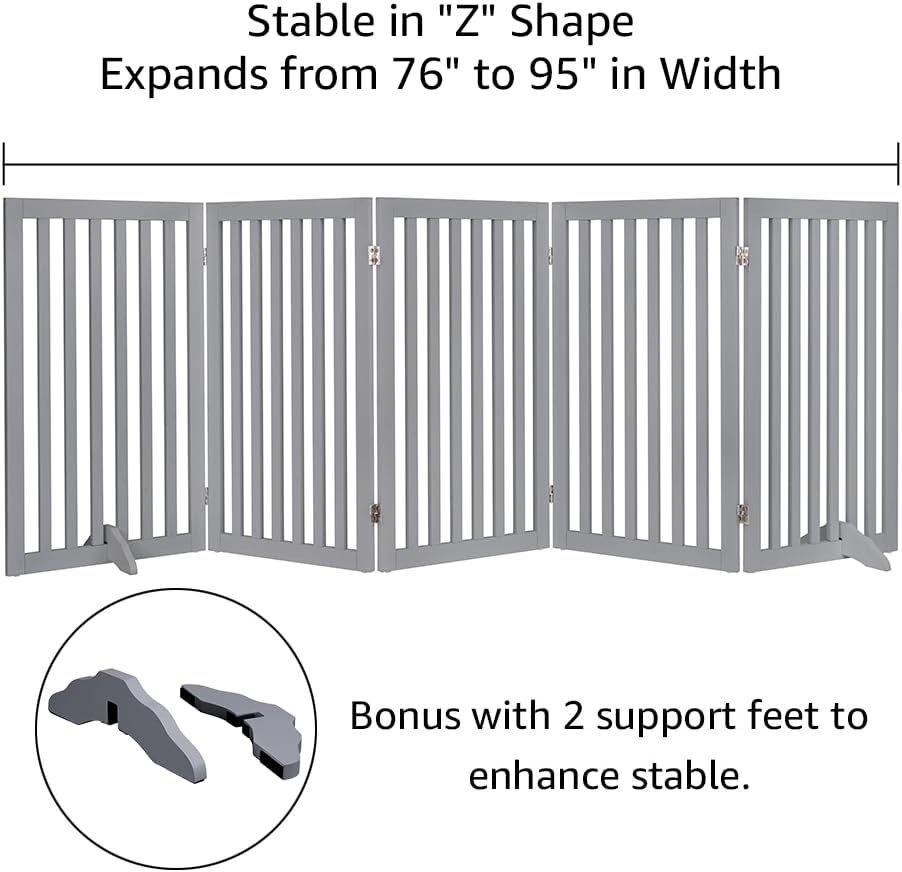 36”H Free Standing Pet Gate for Dog, Tall Wooden Dog Gate, 80” Wide | Foldable Pet Fence for Doorway, Stairs, Step, Expandable Doggy Barrier, Room Divider, Indoor Use, White