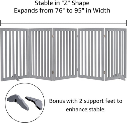 36”H Free Standing Pet Gate for Dog, Tall Wooden Dog Gate, 80” Wide | Foldable Pet Fence for Doorway, Stairs, Step, Expandable Doggy Barrier, Room Divider, Indoor Use, White