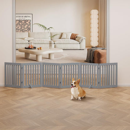 36”H Free Standing Pet Gate for Dog, Tall Wooden Dog Gate, 80” Wide | Foldable Pet Fence for Doorway, Stairs, Step, Expandable Doggy Barrier, Room Divider, Indoor Use, White