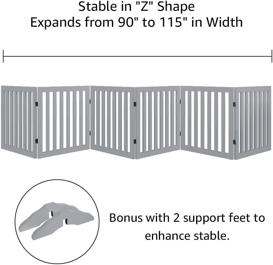 36”H Free Standing Pet Gate for Dog, Tall Wooden Dog Gate, 80” Wide | Foldable Pet Fence for Doorway, Stairs, Step, Expandable Doggy Barrier, Room Divider, Indoor Use, White