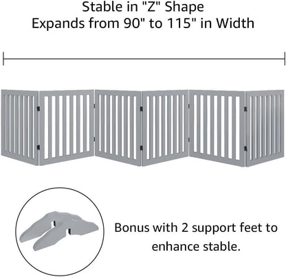 36”H Free Standing Pet Gate for Dog, Tall Wooden Dog Gate, 80” Wide | Foldable Pet Fence for Doorway, Stairs, Step, Expandable Doggy Barrier, Room Divider, Indoor Use, White