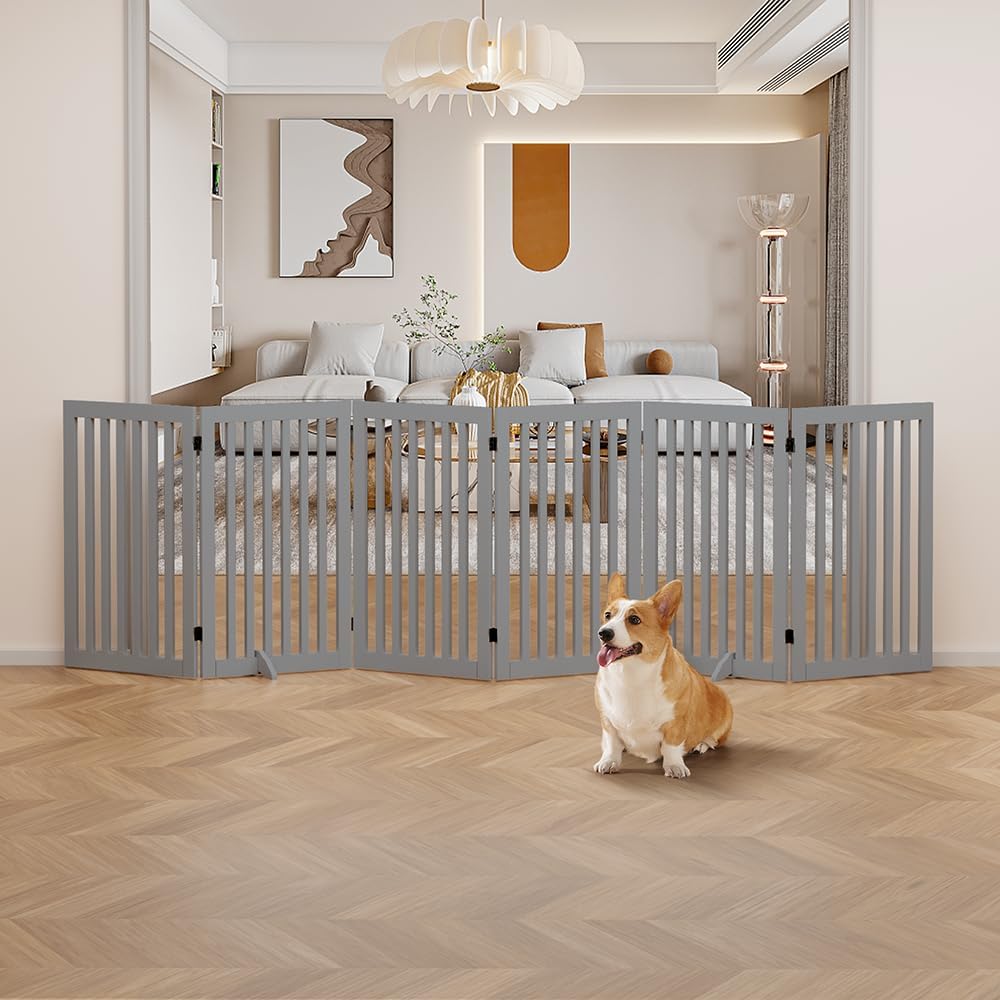 36”H Free Standing Pet Gate for Dog, Tall Wooden Dog Gate, 80” Wide | Foldable Pet Fence for Doorway, Stairs, Step, Expandable Doggy Barrier, Room Divider, Indoor Use, White