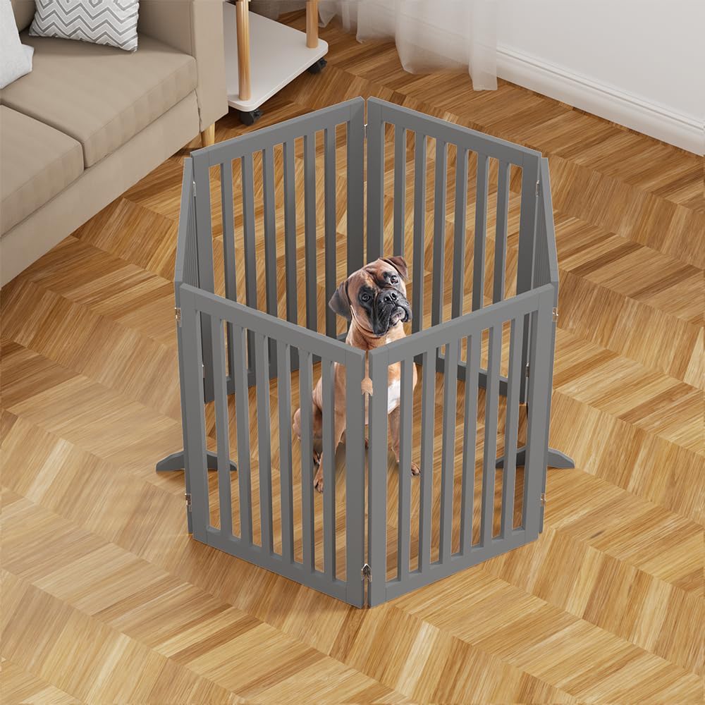 36”H Free Standing Pet Gate for Dog, Tall Wooden Dog Gate, 80” Wide | Foldable Pet Fence for Doorway, Stairs, Step, Expandable Doggy Barrier, Room Divider, Indoor Use, White
