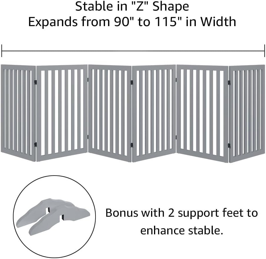 36”H Free Standing Pet Gate for Dog, Tall Wooden Dog Gate, 80” Wide | Foldable Pet Fence for Doorway, Stairs, Step, Expandable Doggy Barrier, Room Divider, Indoor Use, White